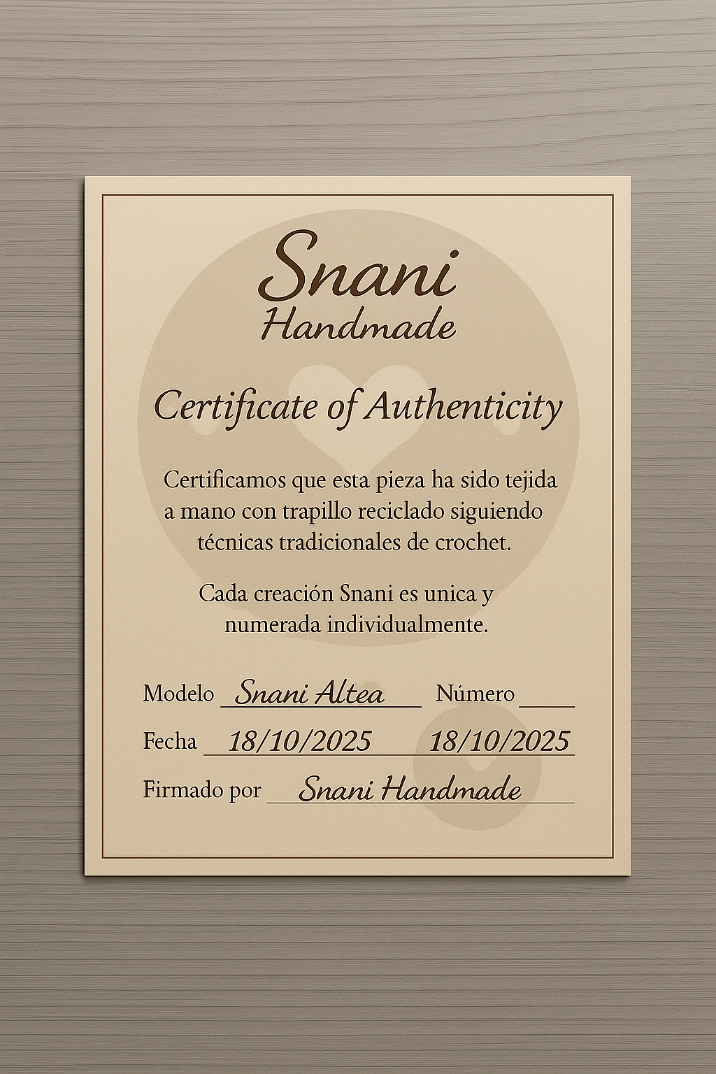 Certificado de Autenticidad Snani Handmade